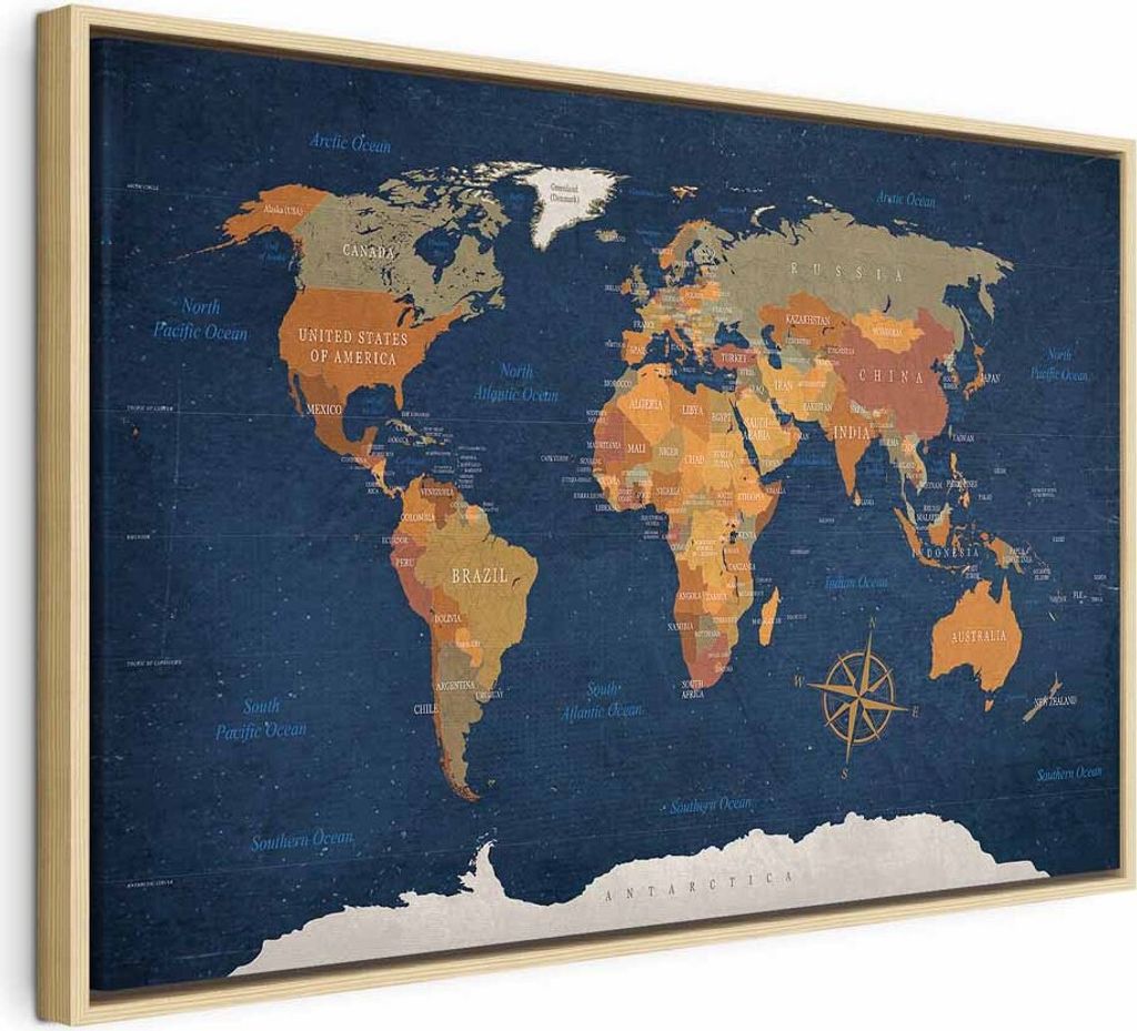 Italienischer Leinwand Leinwandbild - World Map: Ink Oceans 90x60 cm Karten k-C-0048-b-b