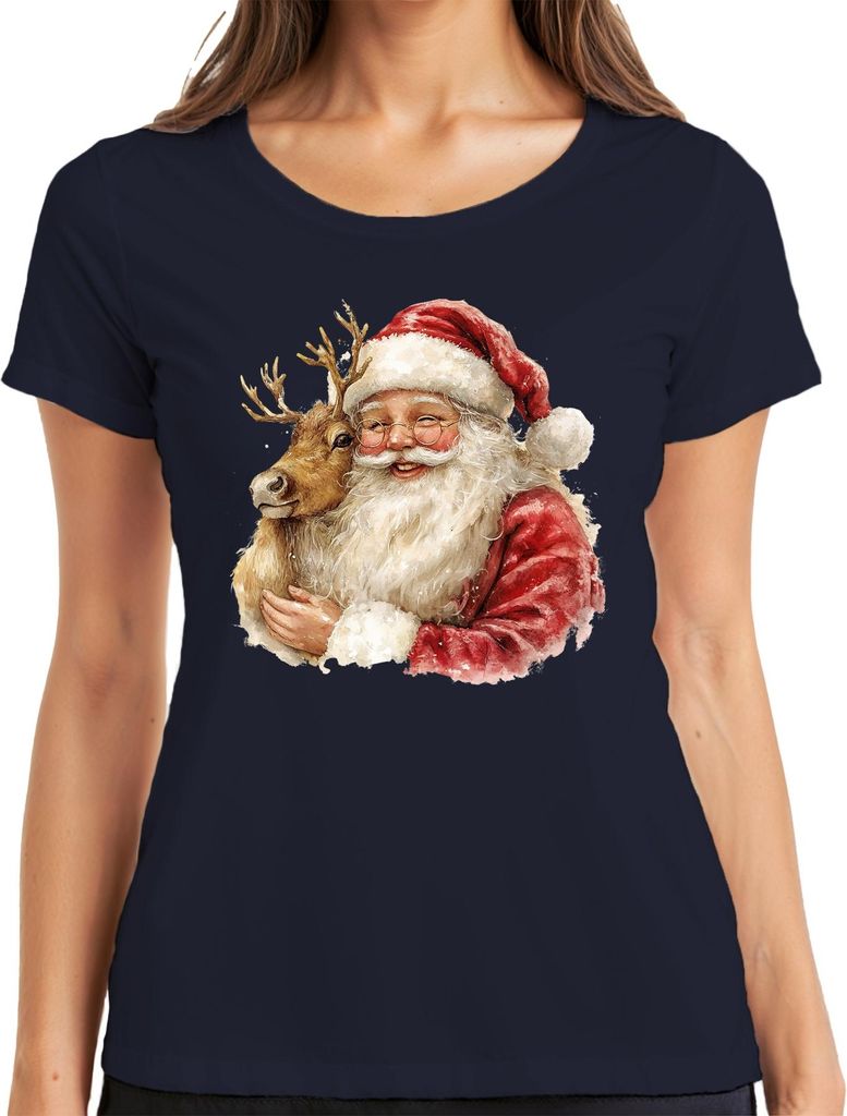 Weihnachtsmann Rentier Aquarell Weihnachten Geschenk Vintage Damen T-Shirt, Navy, 3XL
