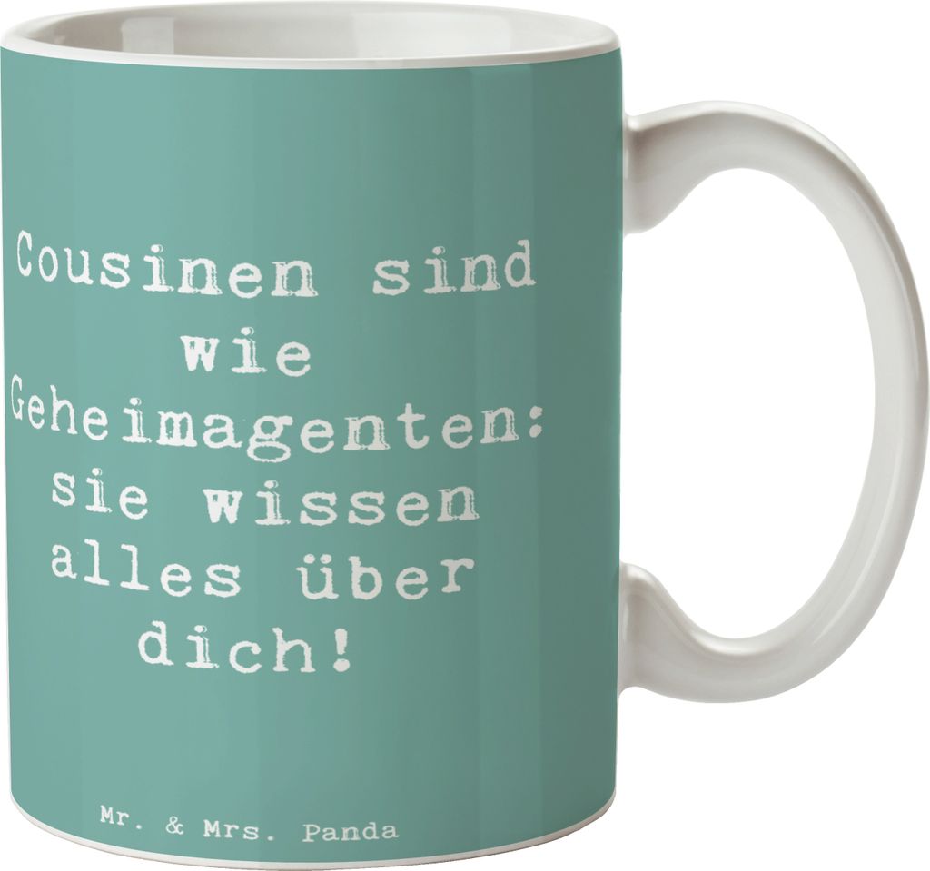 Mr. & Mrs. Panda Tasse Spruch Cousinen Geheimagenten - Meeresbrise - Geschenk, Weihnachten, Becher, handgefertigte Produkte, Teetasse, Cousine, Lie...