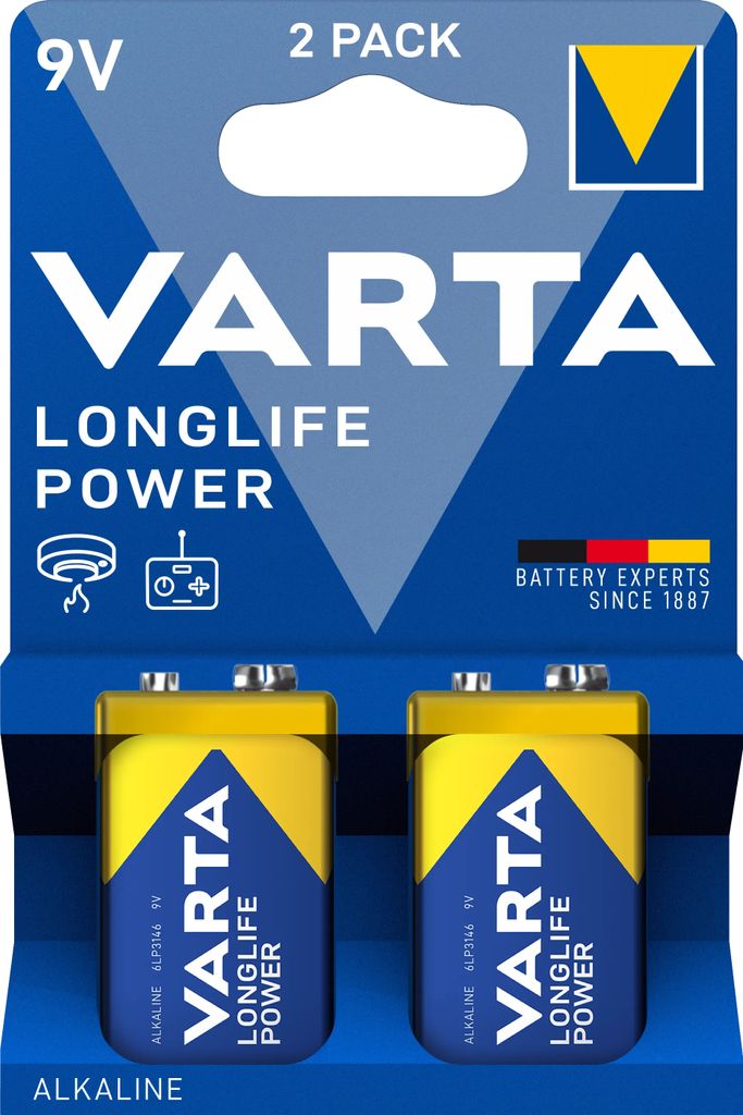 Varta Longlife Power Alkali Mangan Batterie 6LR61 Block 9V (2er Blister)