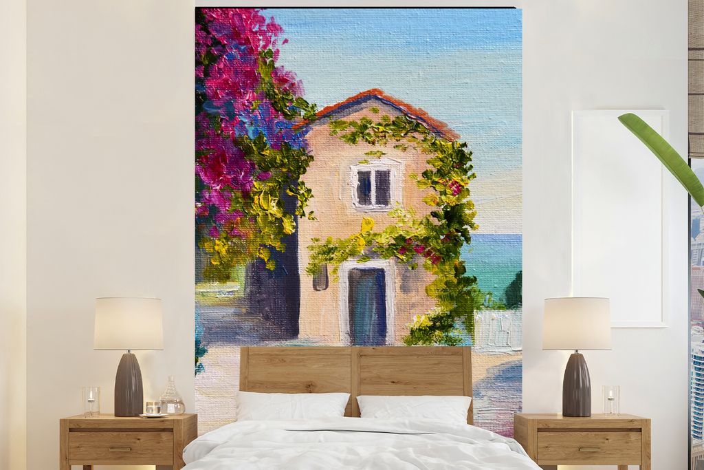 MuchoWow Fototapete für Wohnzimmer oder Schlafzimmer Wandtapete Vinyl Motivtapete Malerei - Haus - Ölfarbe - Dorf - 195x300 cm - Das Hintergrun...