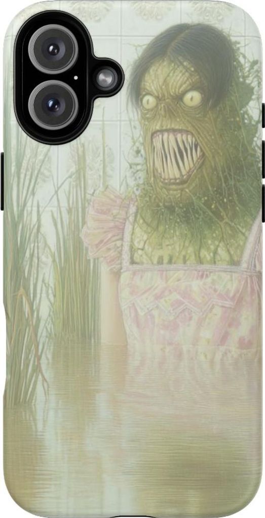 Grünes Monster im rosa Kleid zwischen Schilf – Hülle Kompatibel mit iPhone 16 Plus