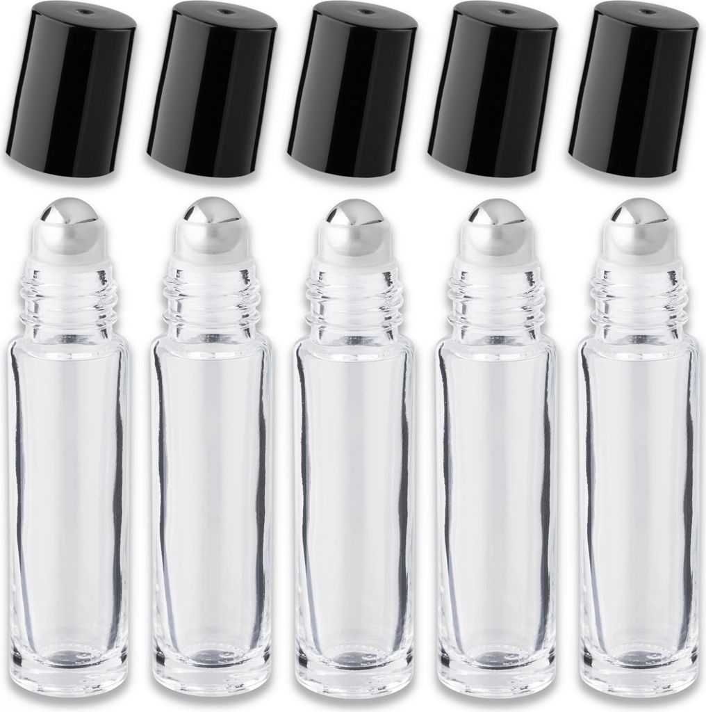5x Farblose Glasflasche 10 ml Roll-On mit schwarzem Verschluss - leer