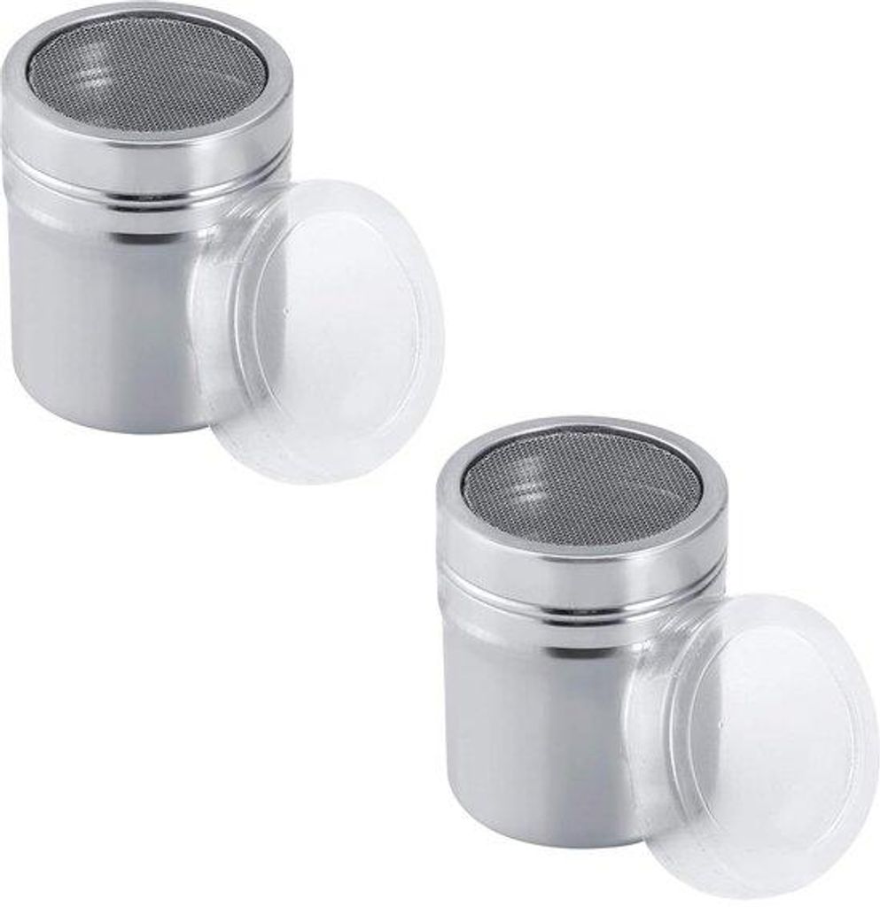 Zwei Stahl-Shaker, Zucker-Shaker mit Zucker-Mühle, Kaffee-Shaker, Puder-Shaker, Zucker-Shaker, Mehl-Sieb-Shaker für Kaffee, Schokolade, Zucker, Salz