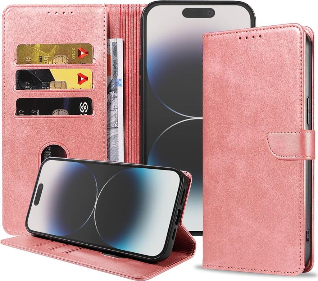 Fit für iPhone 14 Pro Max Handyhülle Kunstleder mit magnetischer Lippe und Kartenhalter Buchhülle mit Klappe - Pink - Smartphonica