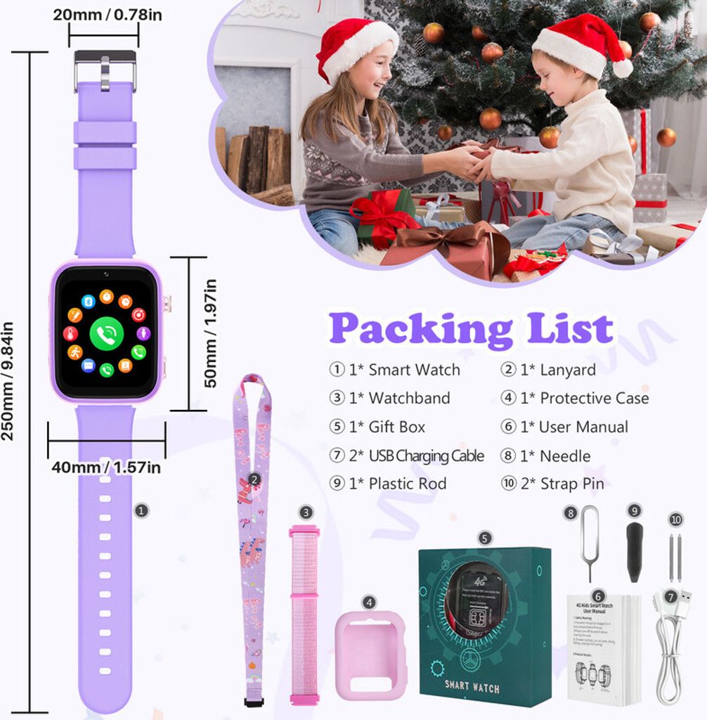 （Lila）Kinder-Smartwatch 4G mit GPS und Telefon, Smartwatch Produktbild 9
