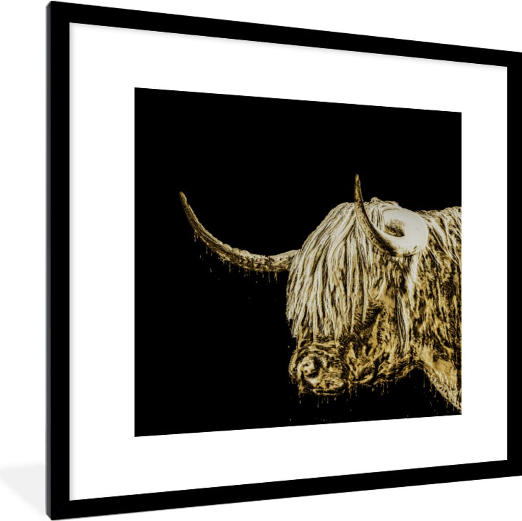 MuchoWow MuchoWow Gerahmtes Poster Schottisches Hochlandrind - Schottische Kuh - Gold 40x40 cm - Poster mit zchwarzem Bilderrahmen - Poster - P...