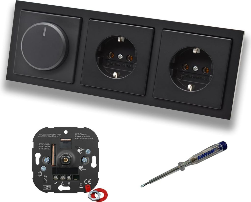 EBROM 1001 LED Drehdimmer Dimmer + Busch Jäger Dimmerscheibe 6540-885-102 und 2 x Steckdose mit Kinderschutz 20EUCKS-885 in Future Linear Schwarz ...