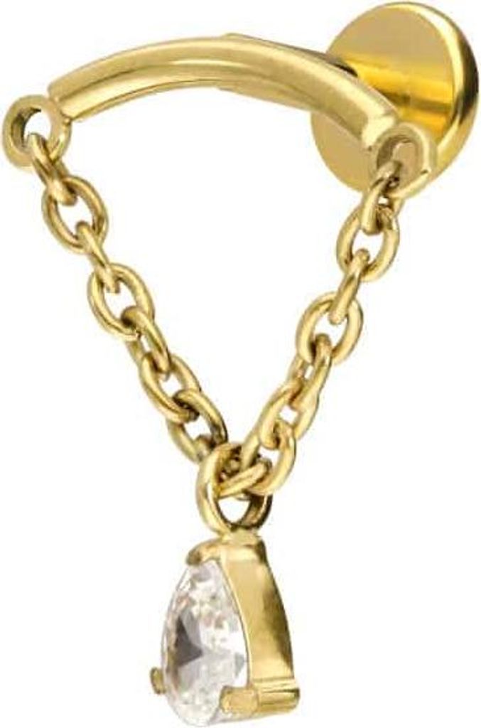 Ohrpiercing, Nasenpiercing Titan Labret mit Innengewinde BOGEN + KETTE + KRISTALLTROPFEN Gold Stablänge: 6mm | Stabstärke: 1,2mm