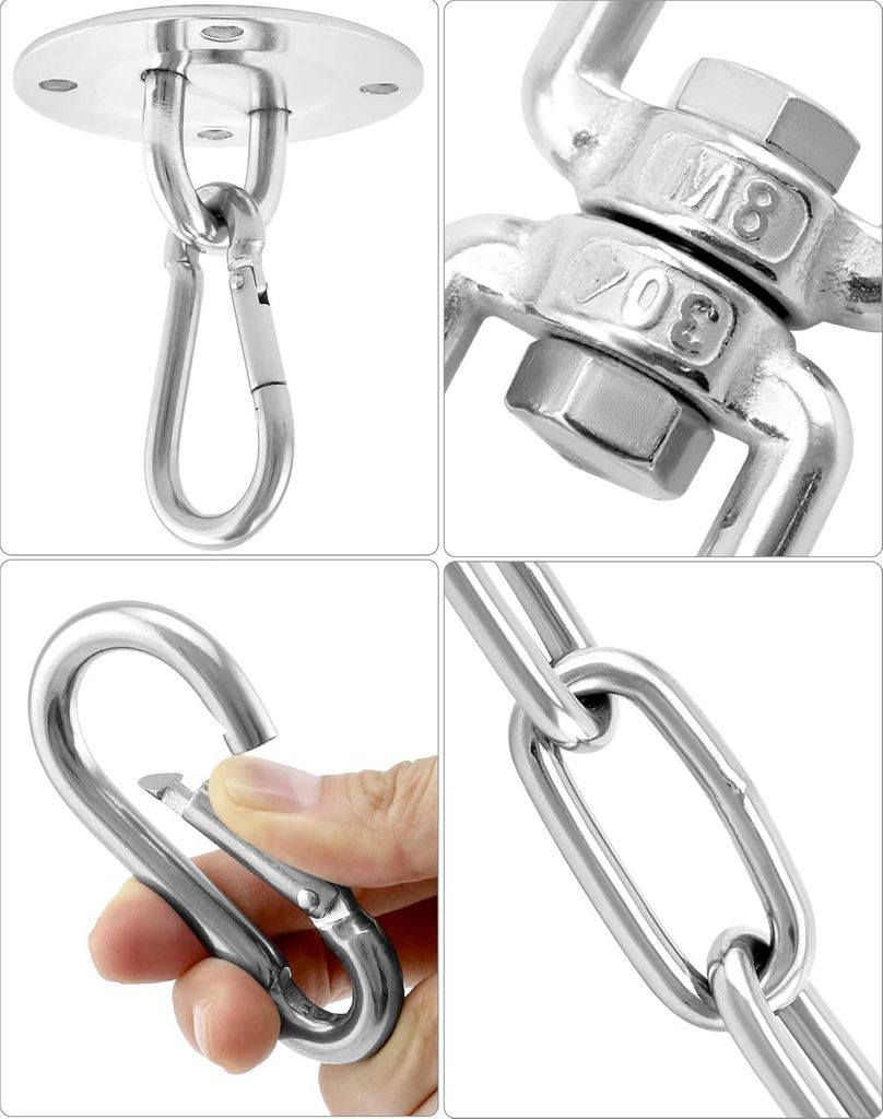 Schwere Edelstahl-Deckenhaken mit 30 cm Verlängerungskette - Hängesesselbefestigung - Boxsack-Aufhängesystem (bis 400 kg) Deckenhaken