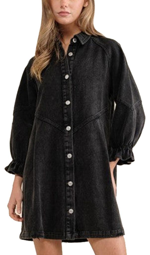 Damenkleid mit Umlegekragen, Knopfleiste, lockerem Schnitt, bequem, atmungsaktiv, hautfreundlich, mit Puffärmeln, ideal für Partys und Dates, Sch...
