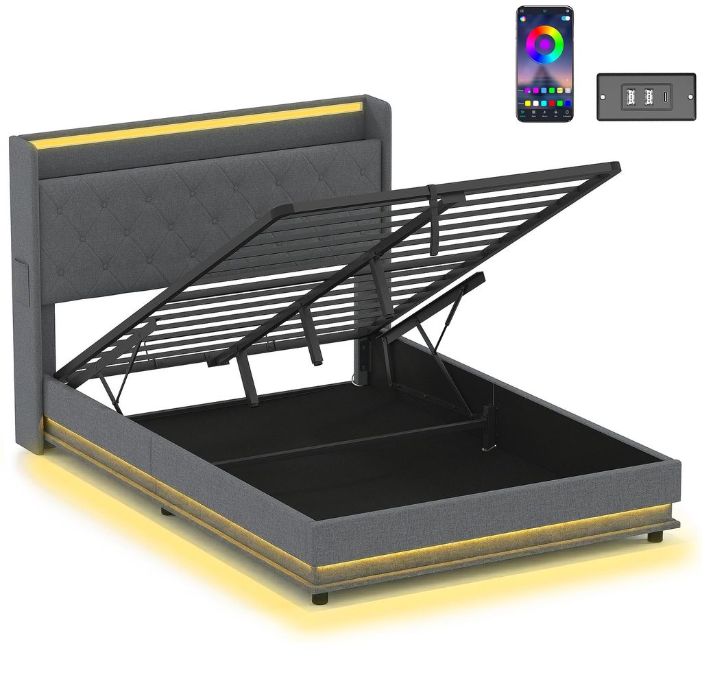 Bettgestell 140 x 200 cm mit Kopf- und Fußteil, Plattformbett mit hydraulischem Stauraum, LED-Lichtern