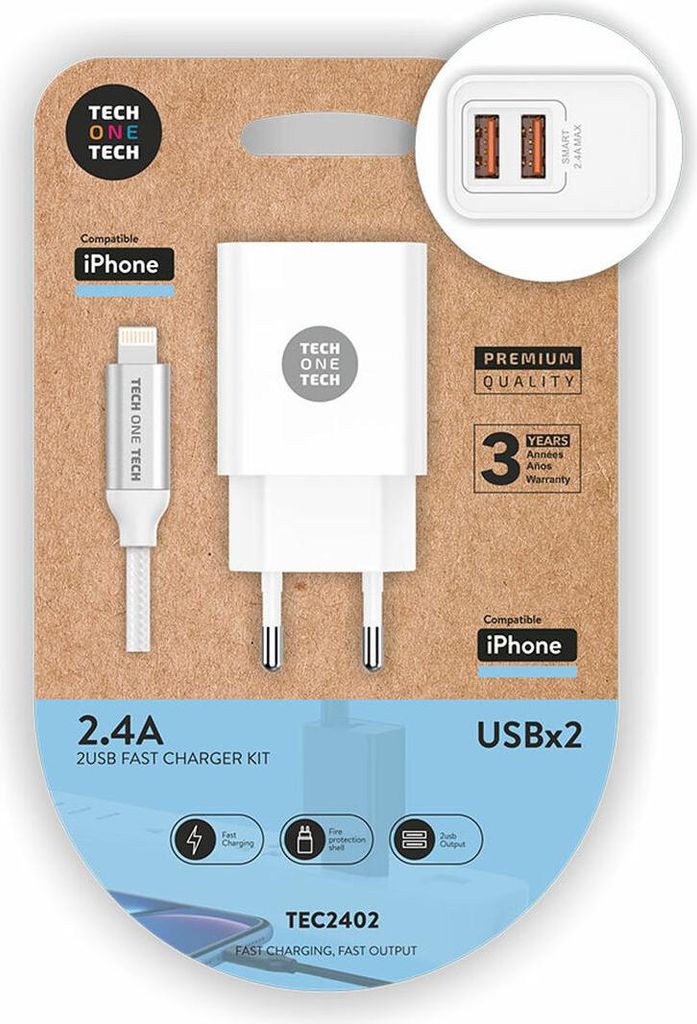 Tech One Tech Wall Charger TEC2402/ 2xUSB + Lightning Cable/ 12W/ White