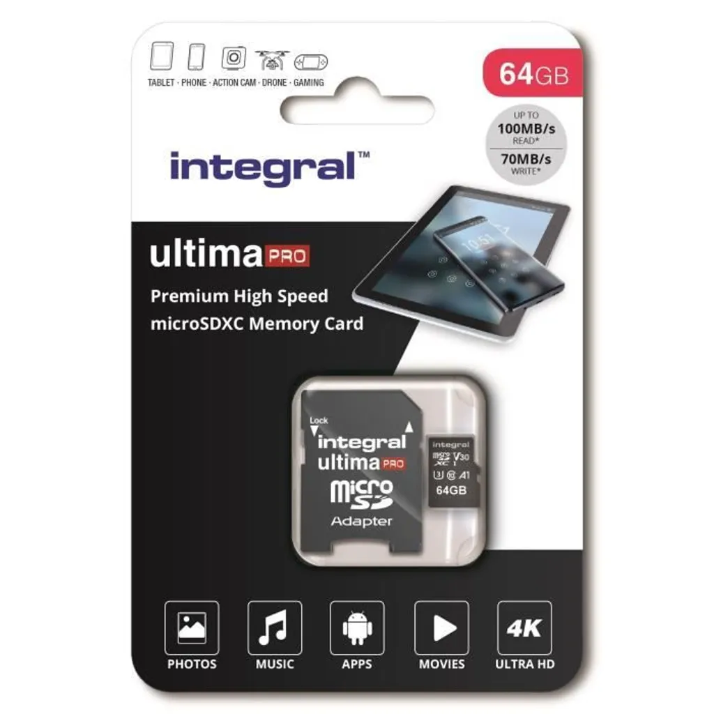 Carte mémoire Intégrale microSDHC V30 64GB haute vitesse pour vidéo 4K