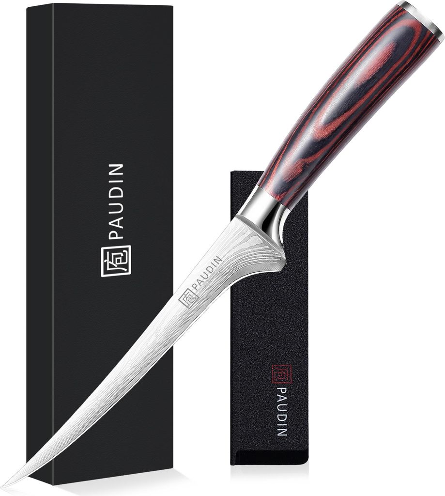 PAUDIN N26 Filetiermesser 18 cm – Flexibles Fischmesser mit Damastmuster – Ergonomischer Pakkaholzgriff – Inkl. Messerschutz