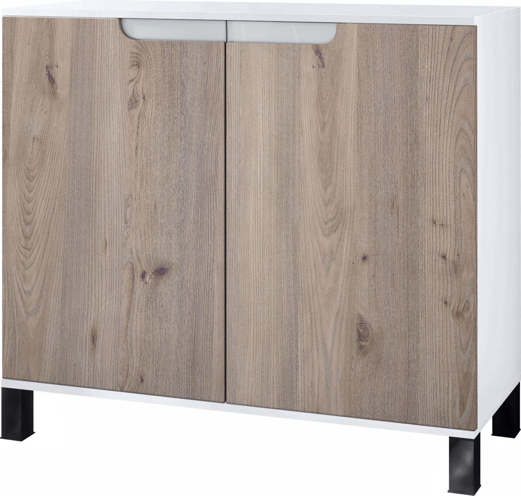 Vladon Kommode Sylt V3, Moderner Küchenschrank mit 2 großen Türen Weiß matt / Eiche Nordic (92,5 x 84.5 x 35)