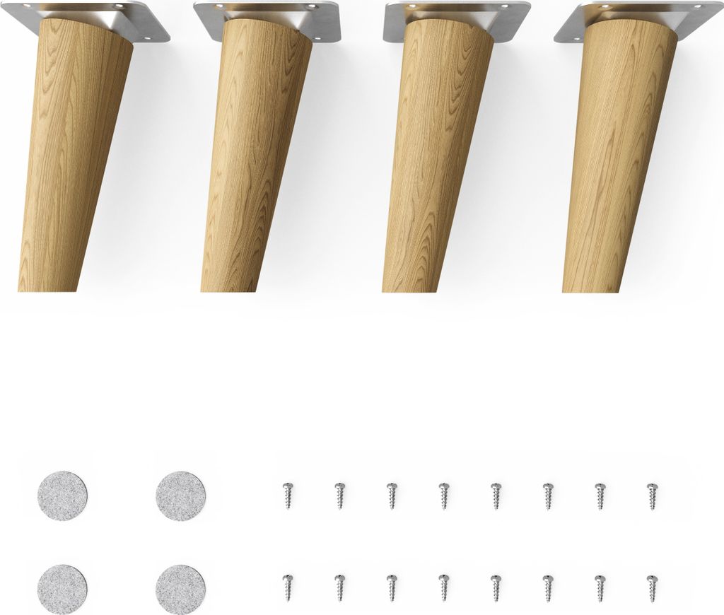 Four wooden furniture legs with metal mounting plates and a set of screws and felt pads.