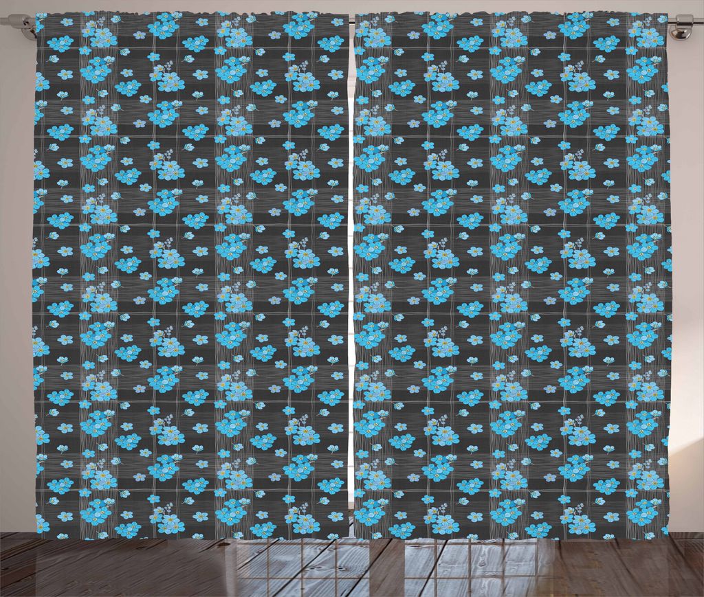 ABAKUHAUS Blume Rustikaler Vorhang, Blaue Blüten auf Gitter, Wohnzimmer Universalband Gardinen mit Schlaufen und Haken, 280 x 175 cm, Charcoal Gra...