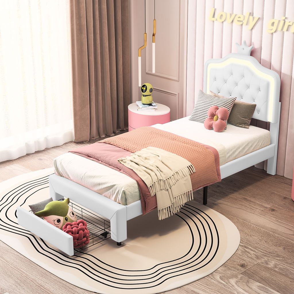 Polsterbetten 90 x 200 cm, Kinderbetten Polsterbetten Gästebetten mit LED-Leuchten und Schubladen, Lattenrost und Rückenlehne