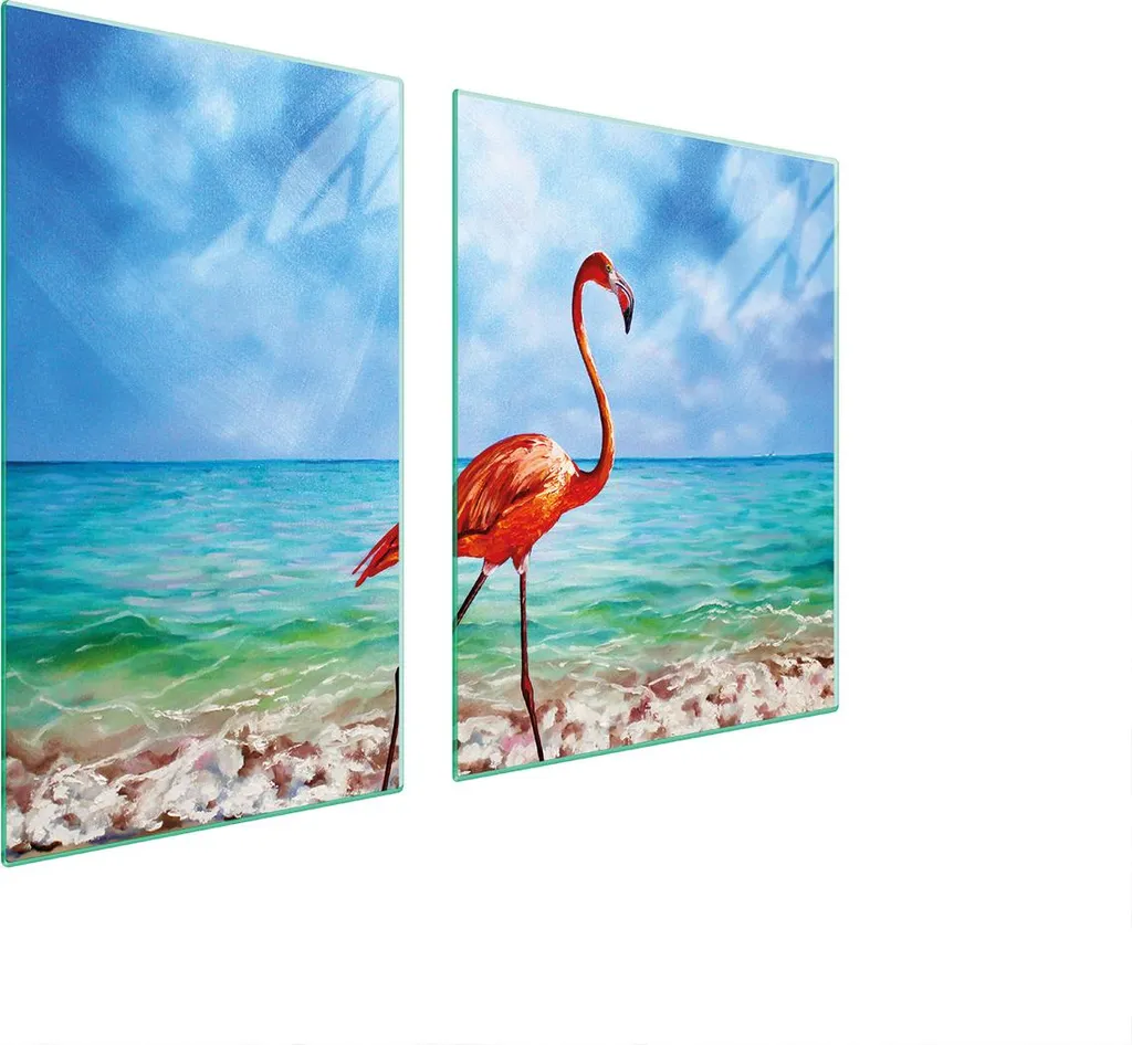 Tagliere in Vetro 100x52 Copri Fornelli Mare e Fenicottero 2 Pezzi
