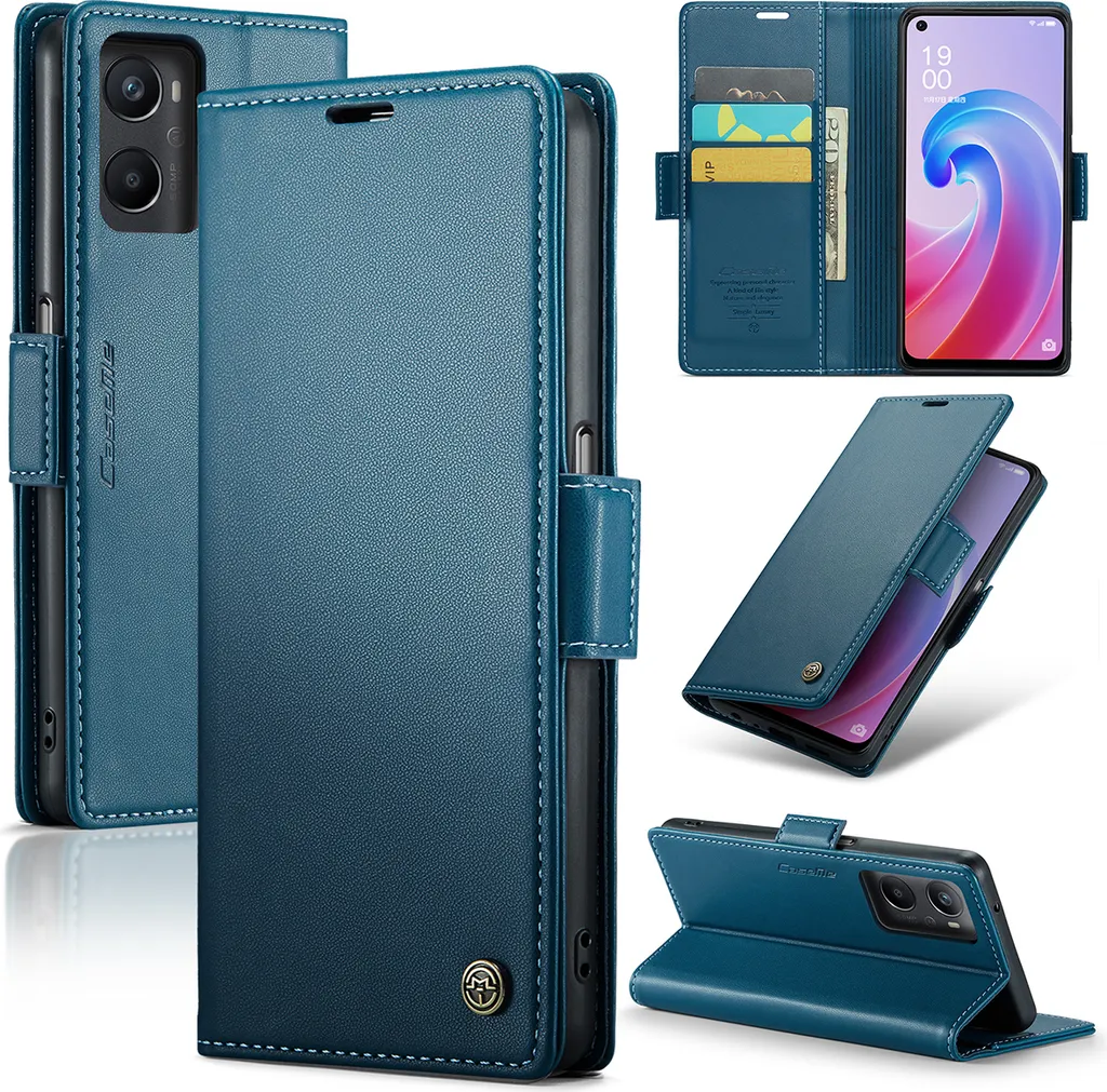 Cover Oppo A76 A96 4G con Blocco RFID - Wallet Case Blu Ultra Resistente