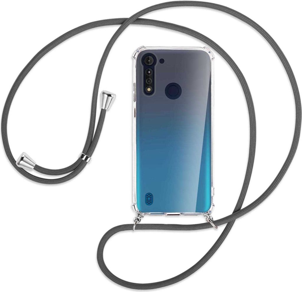 Handykette Backcover-Schutzhülle mit Band (Metall silberfarben) für Motorola Moto G8 Power Lite - dunkelgrau