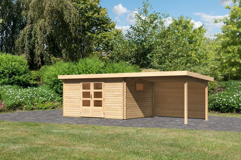 Gartenhaus Blockbohlenhaus Gerätehaus Trittau 5 im Set mit Anbaudach 3,3 m+ Rückwand naturbelassen 679x297x217 cm