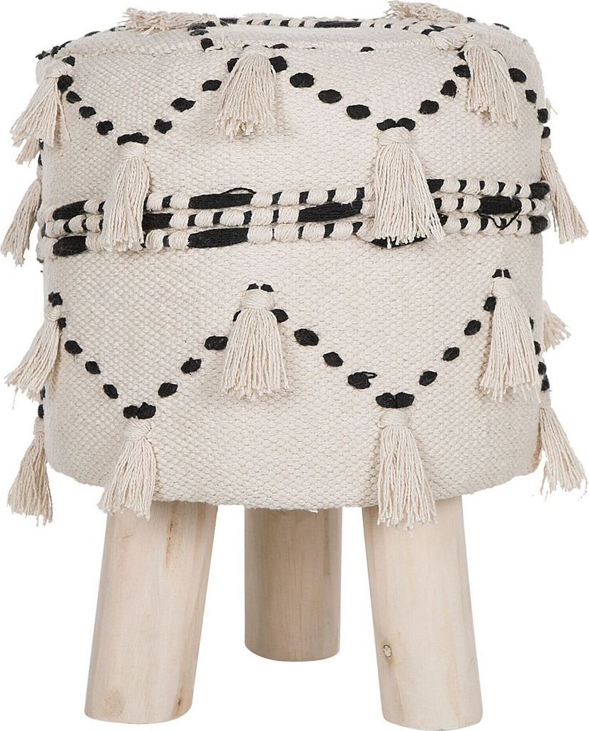 BELIANI Sitzhocker Beige/Schwarz Boho-Stil Baumwolle Eukalyptusholz 33 x 33 cm