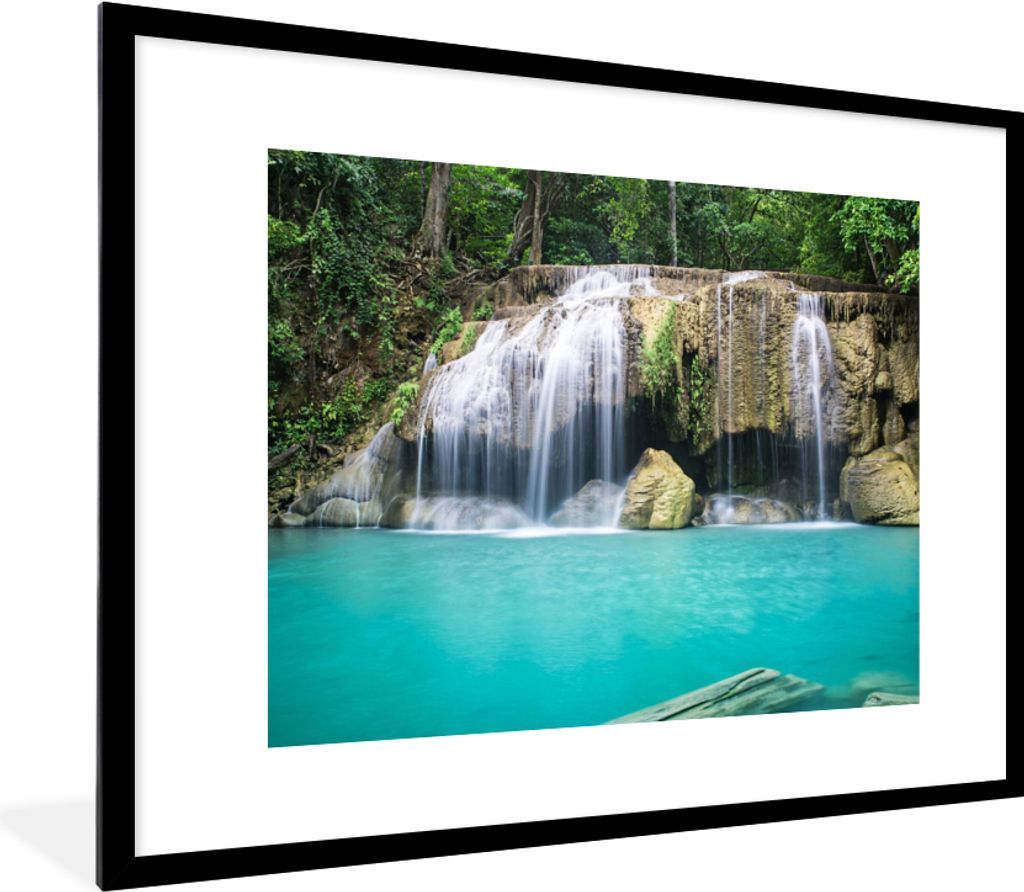 MuchoWow Gerahmtes Poster Wasser - Wasserfall - Bäume 80x60 cm - Poster mit Schwarzem Bilderrahmen Wandposter Rahmen Foto Bilder - Schlafzimmer-...