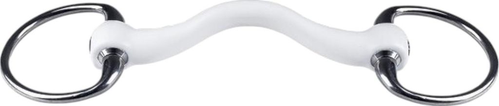 A white and silver horse bit on a white background.