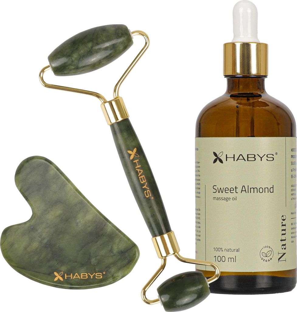 HABYS Gesichts-Massage-Set mit Jadeit | Gua-Sha-Stein, Jade-Roller und 100 ml natürlichem Mandelöl | für Gesichtspflege, Massage & Wellness zu H...