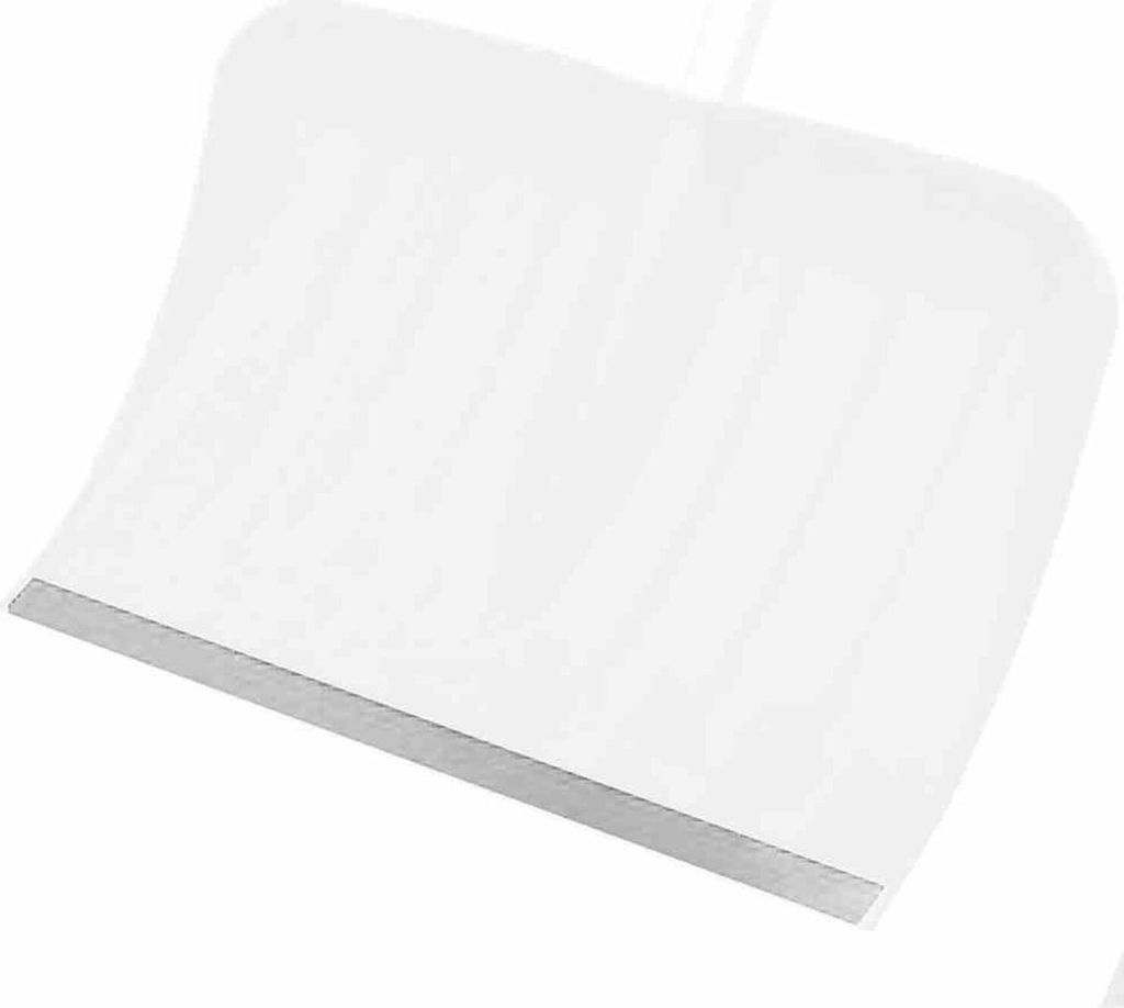 A close-up, angled view of a white snow shovel blade with a metal edge, set against a plain white background.