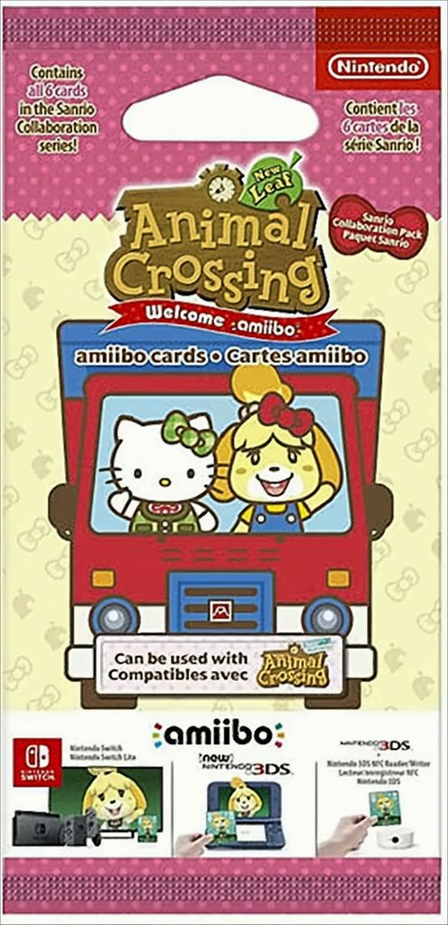 A product package for Animal Crossing amiibo cards featuring Hello Kitty and Isabelle.