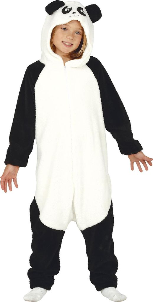 Kind im Panda-Ganzkörperkostüm steht frontal, schwarz-weißes Design mit Kapuze und langen Ärmeln.