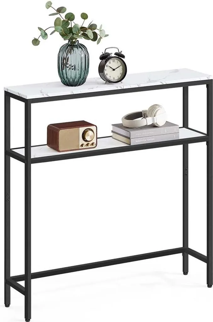 Coffee Table Stretto 2 Ripiani: Marmo Bianco e Metallo Nero Moderno