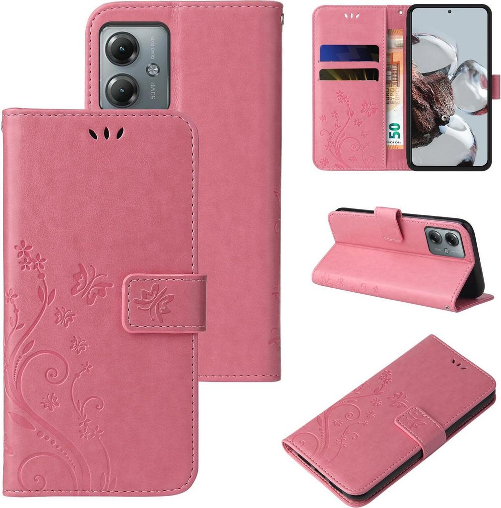 Handyhülle für Motorola Moto G14 Floral Blumen Schmetterling Flip Cover Hülle Case Klapphülle Handytasche Farbe: Rosegold
