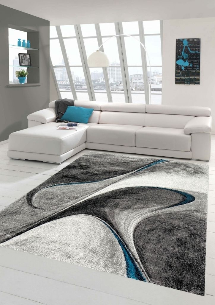 Moderner Designer Gästezimmerteppich in grau blau Größe - 80 x 150 cm