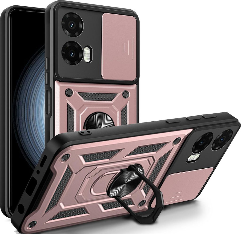 A rose gold and black phone case with a ring holder is shown from multiple angles against a white background.