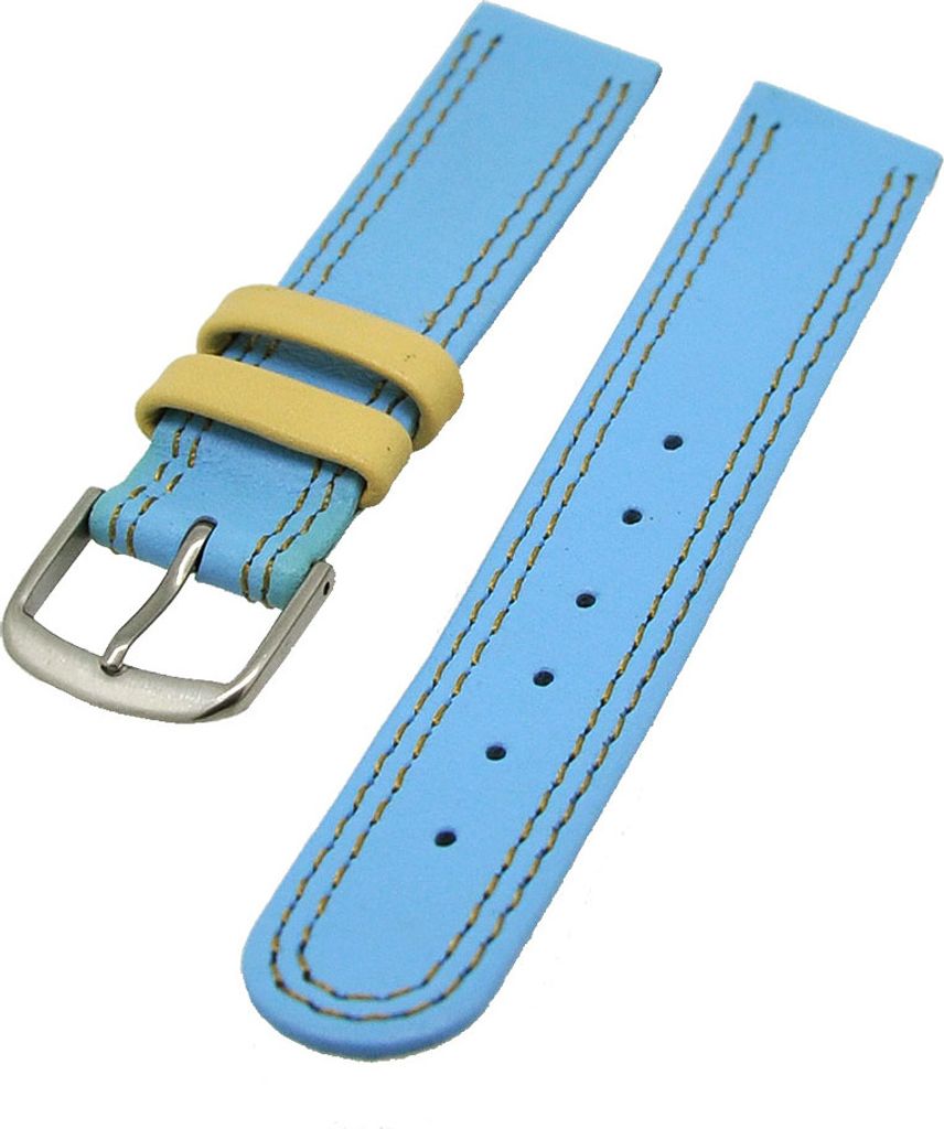 Uhrenarmband Kinder Kalbleder Blau mit beiger Naht 16mm Dornschließe