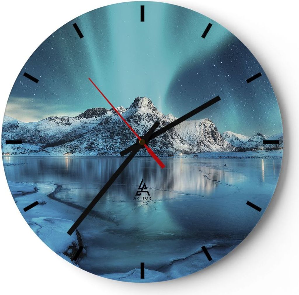 Wanduhr - Rund - Glasuhr - Morgendämmerung Polar Berge - 30x30cm - Schleichendes Uhrwerk - Lautlos - zum Aufhängen bereit - Dekoration Modern - W...