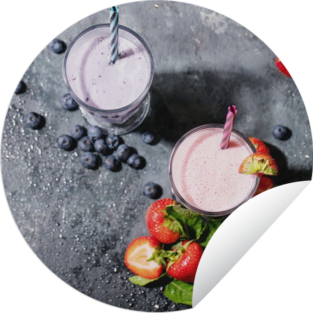MuchoWow Gartenposter Outdoor-Poster Rund Smoothie - Obst - Erdbeere - Beere - Marmor Ø 90 cm Gartendeko Rundes Poster draußen
