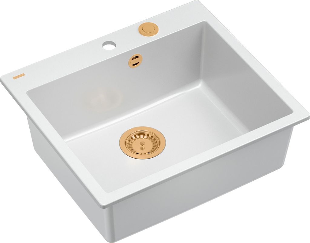 QUADRON Spülbecken 1-Becken Spüle | Größe: 57 x 50 x 22 cm | MORGAN 110 | Unterbauspüle Granitspüle aus GraniteQ mit Siphon | Weiß & Kupfer
