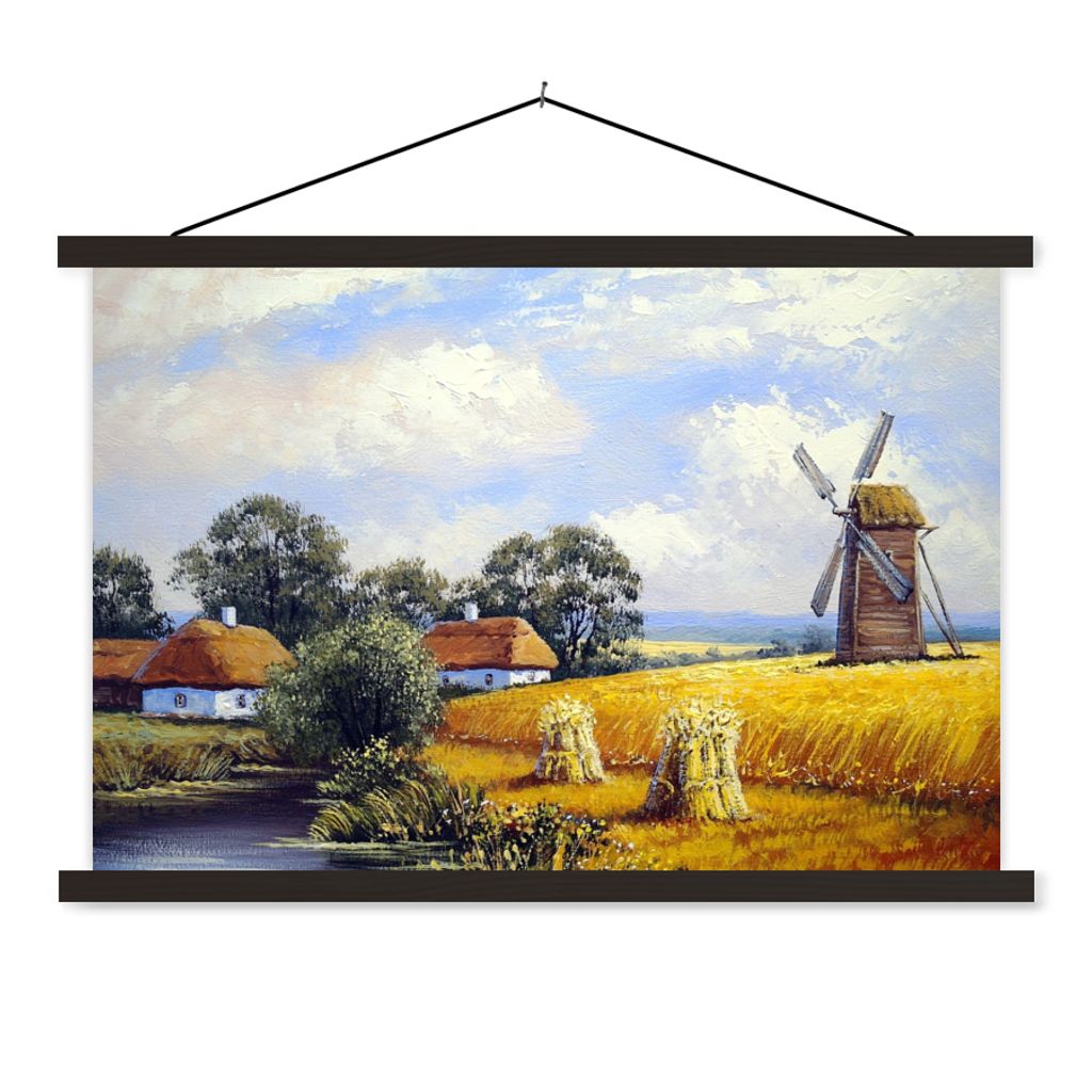 MuchoWow Textilposter Gemälde - Bauernhof - Mühle - Ölfarbe 120x80 cm mit schwarzem Rahmen - Wanddeko