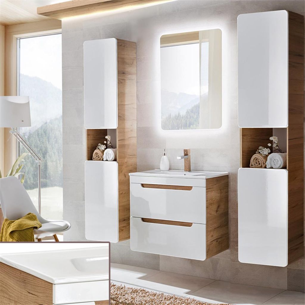Badezimmermöbel Set LUTON-56 Hochglanz weiß mit Wotan Eiche Nb., B/H/T ca. 160/200/46 cm
