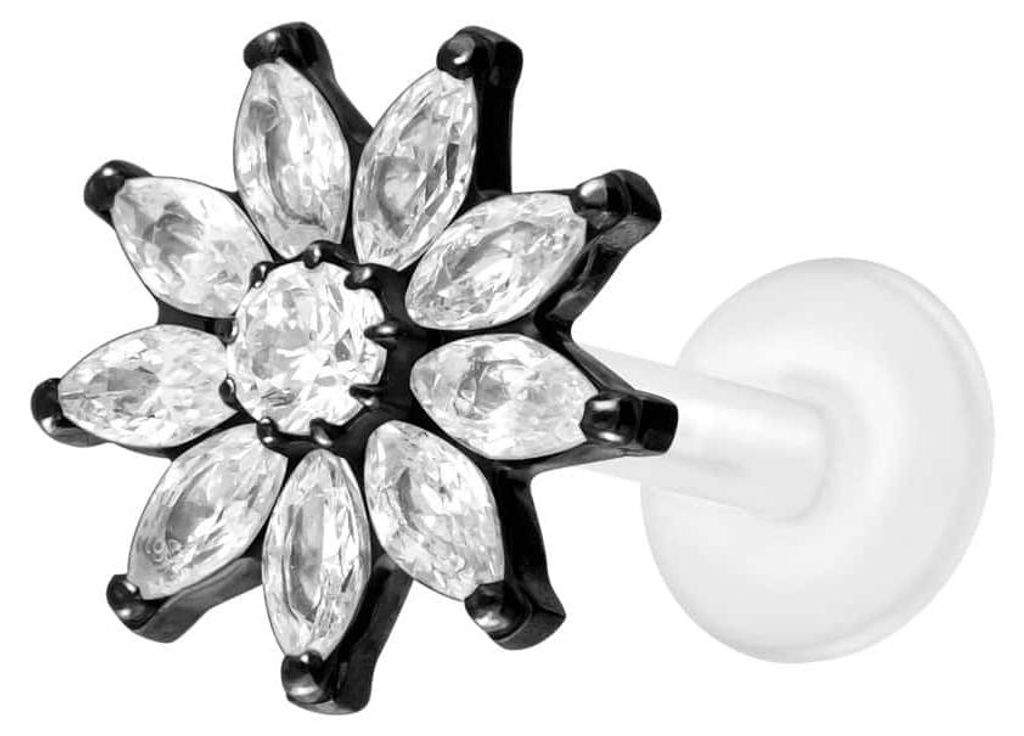 Ohrpiercing, Nasenpiercing PTFE Labret mit Innengewinde + Titan-Aufsatz KRISTALLBLUME Schwarz Stablänge: 7mm | Stabstärke: 1,2mm