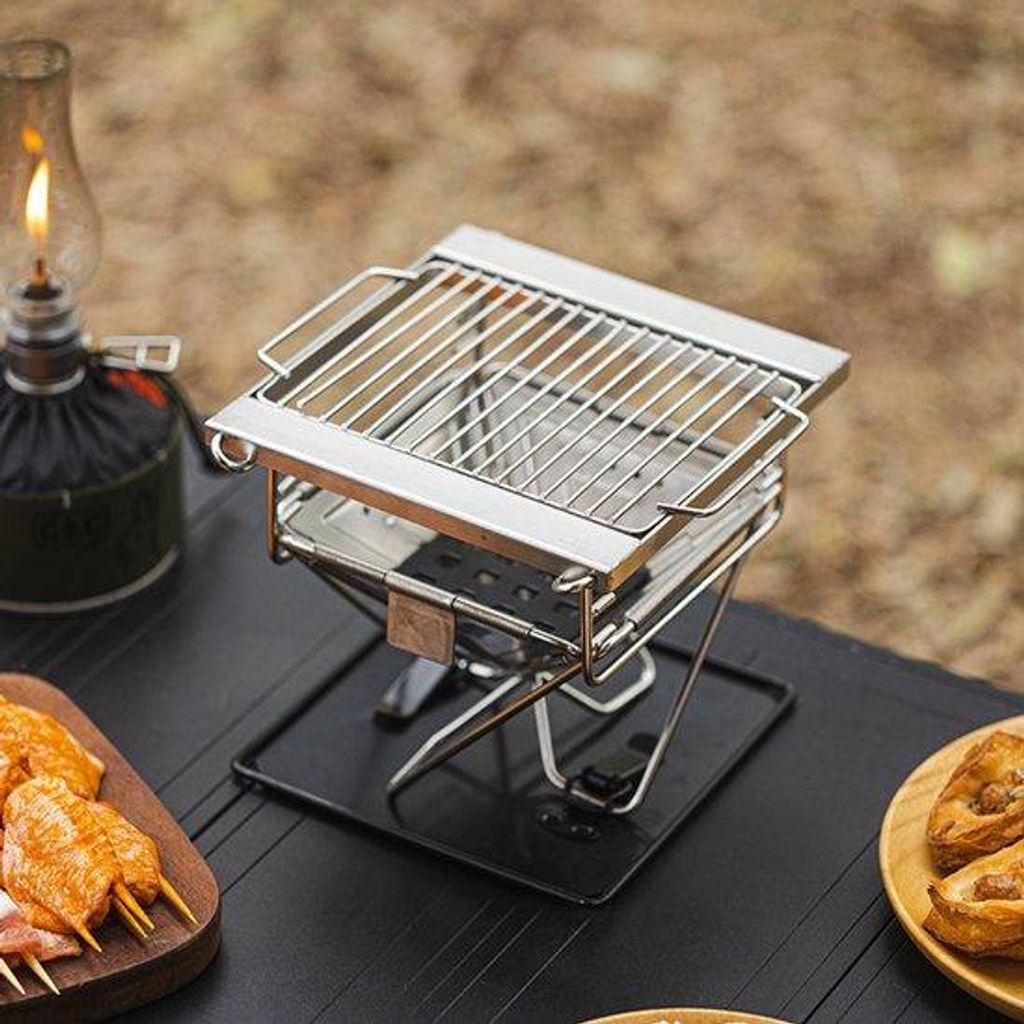 Portable Grill für draußen, tragbarer Holzkohle-Grill aus Edelstahl, multifunktionale Camping-Grillbox.