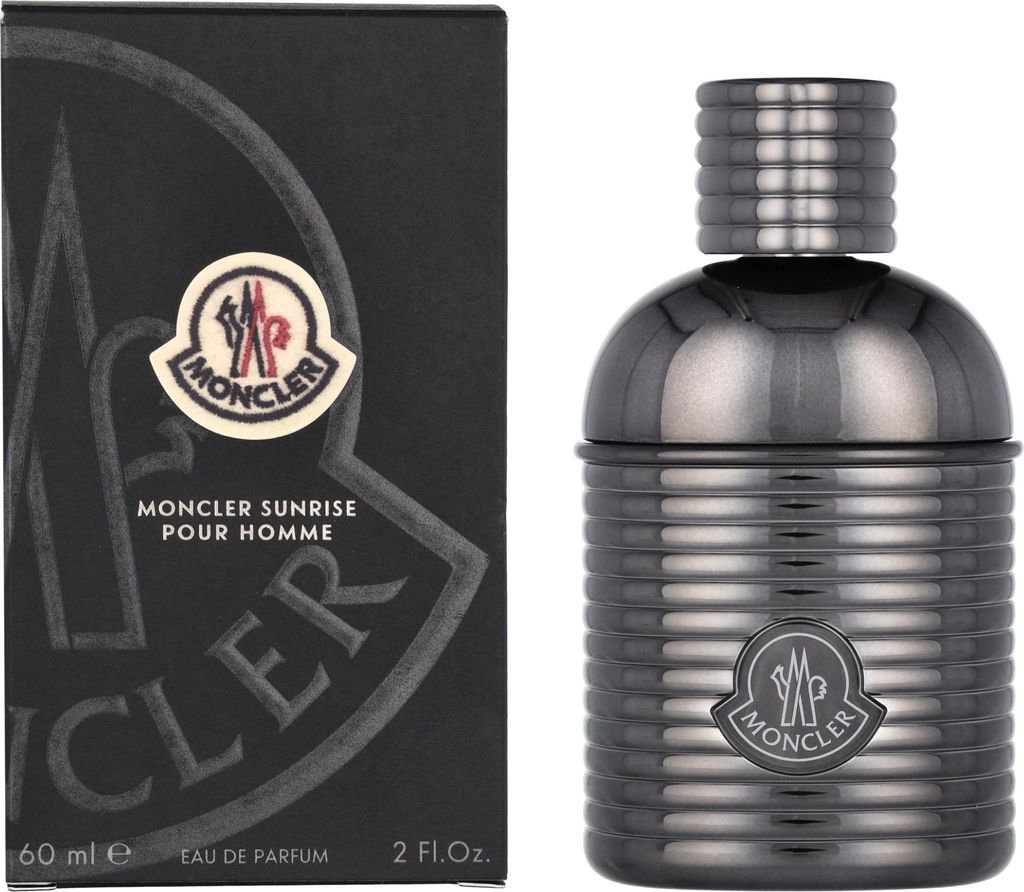 A Moncler Sunrise Pour Homme Eau de Parfum bottle and its packaging.