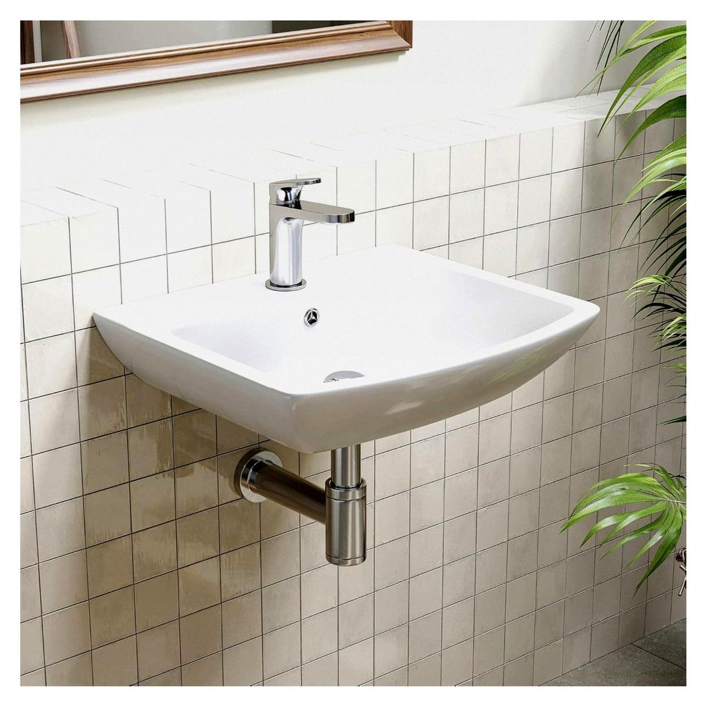 Kleines Waschbecken für das Bad mit Überlauf, Aufsatzwaschbecken für Gäste-WC, Wandmontage mit Hahnloch, Weiß, Keramik, 50 cm