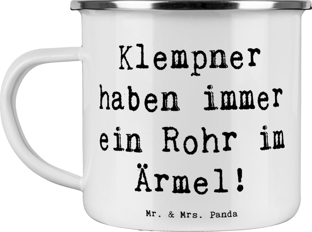 Mr. & Mrs. Panda Blechtasse Spruch Klempner Helden - Weiß - Geschenk, Handwerkskunst, Emaille Becher, Beruf, Teebecher, Geschenke mit Herz, Berufs...