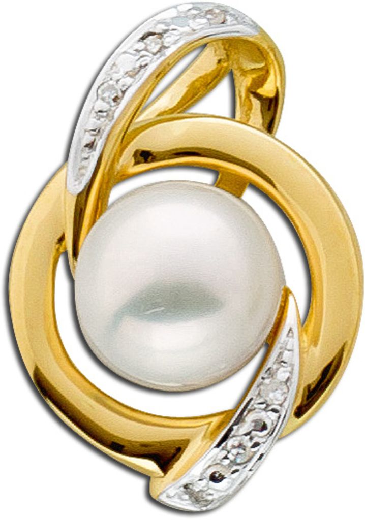 Perl Anhänger Gelbgold 585 14K Süßwasserperle Diamanten 0.02ct